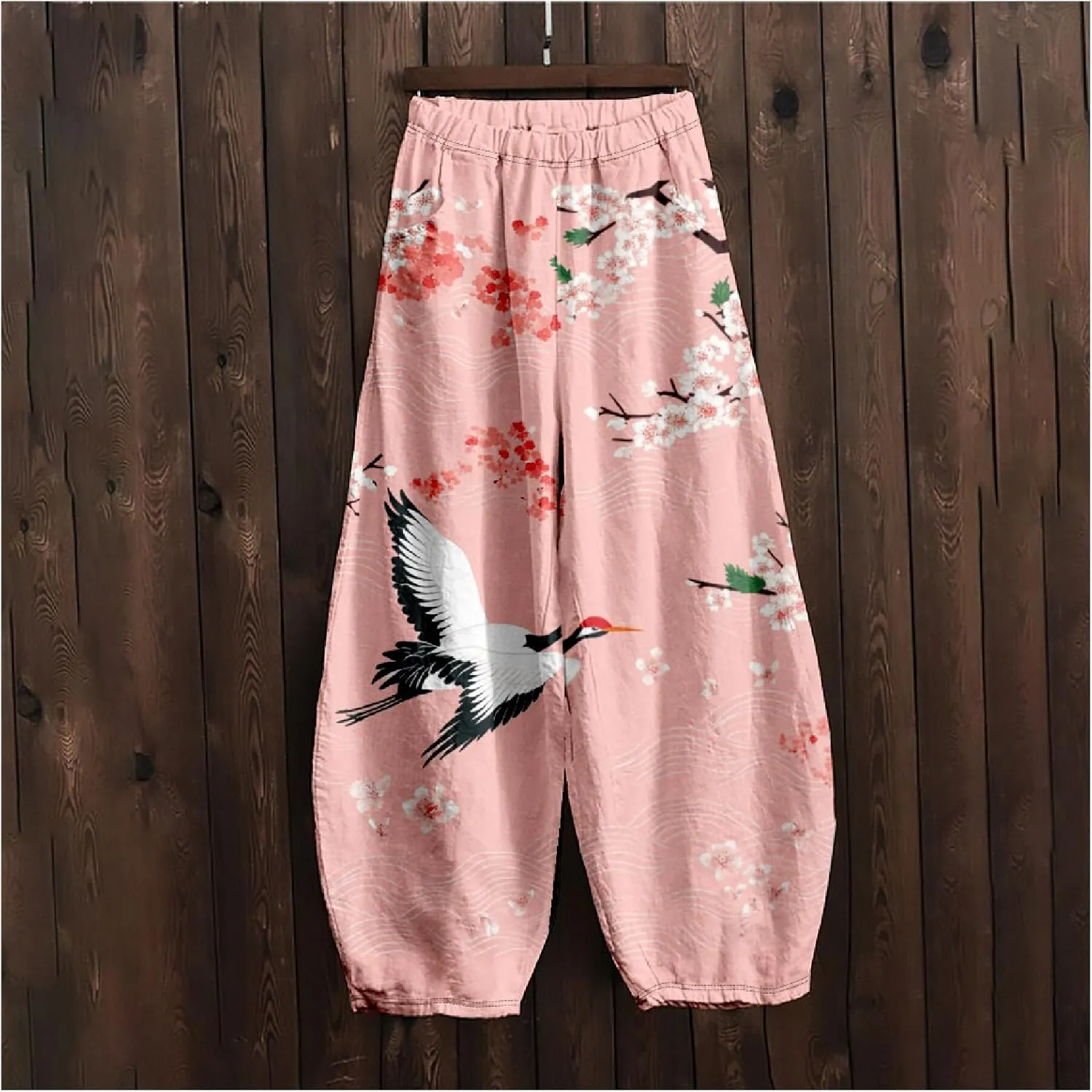 Japanese Ink Painting Pants Waist Elastic Wide Leg Sweatpants Ethnic Style Baggy Trouser Casual Boho Spring Fall Pant