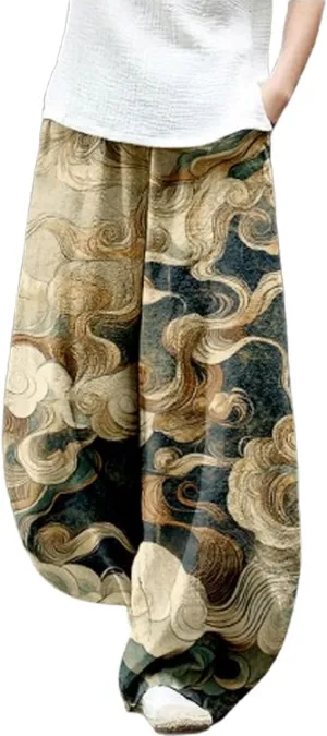 Japanese Ink Painting Pants Waist Elastic Wide Leg Sweatpants Ethnic Style Baggy Trouser Casual Boho Spring Fall Pant