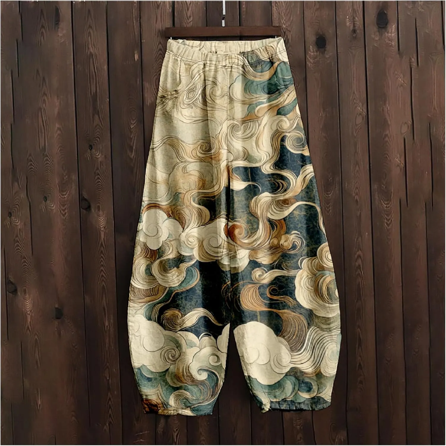 Japanese Ink Painting Pants Waist Elastic Wide Leg Sweatpants Ethnic Style Baggy Trouser Casual Boho Spring Fall Pant