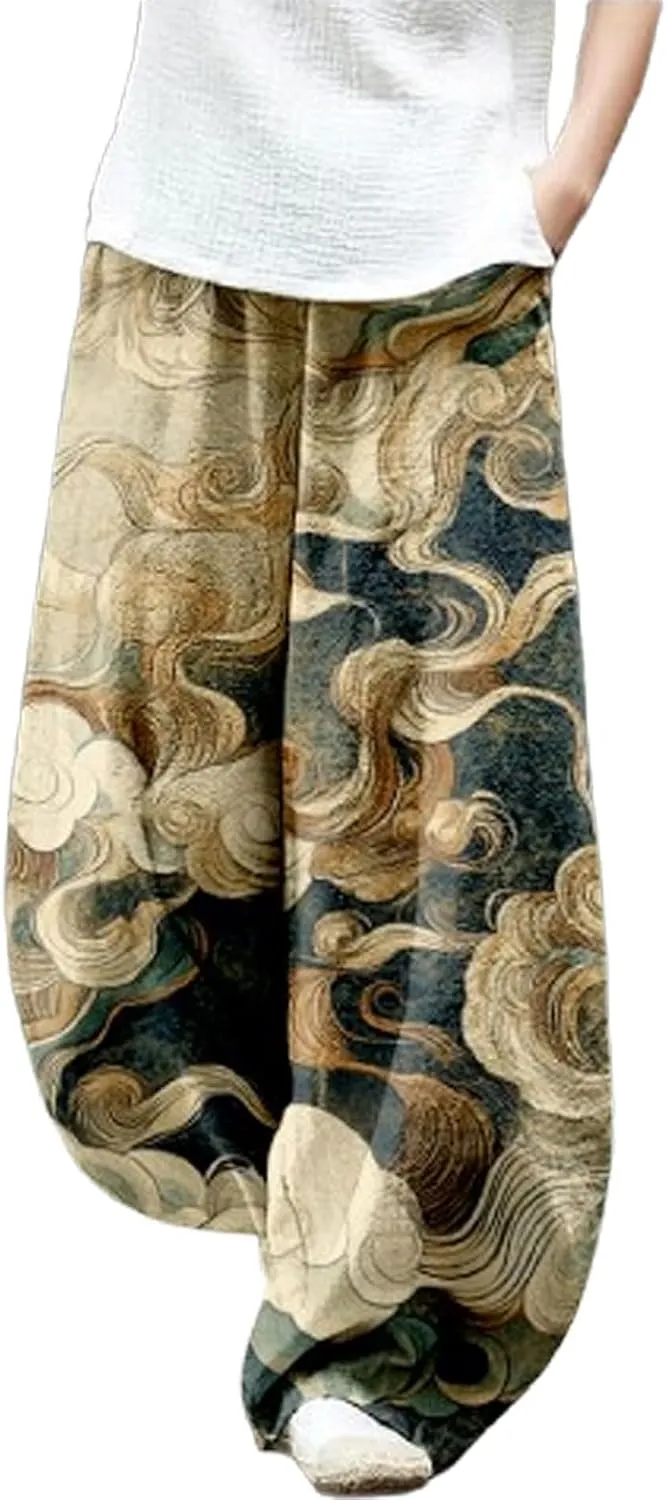 Japanese Ink Painting Pants Waist Elastic Wide Leg Sweatpants Ethnic Style Baggy Trouser Casual Boho Spring Fall Pant