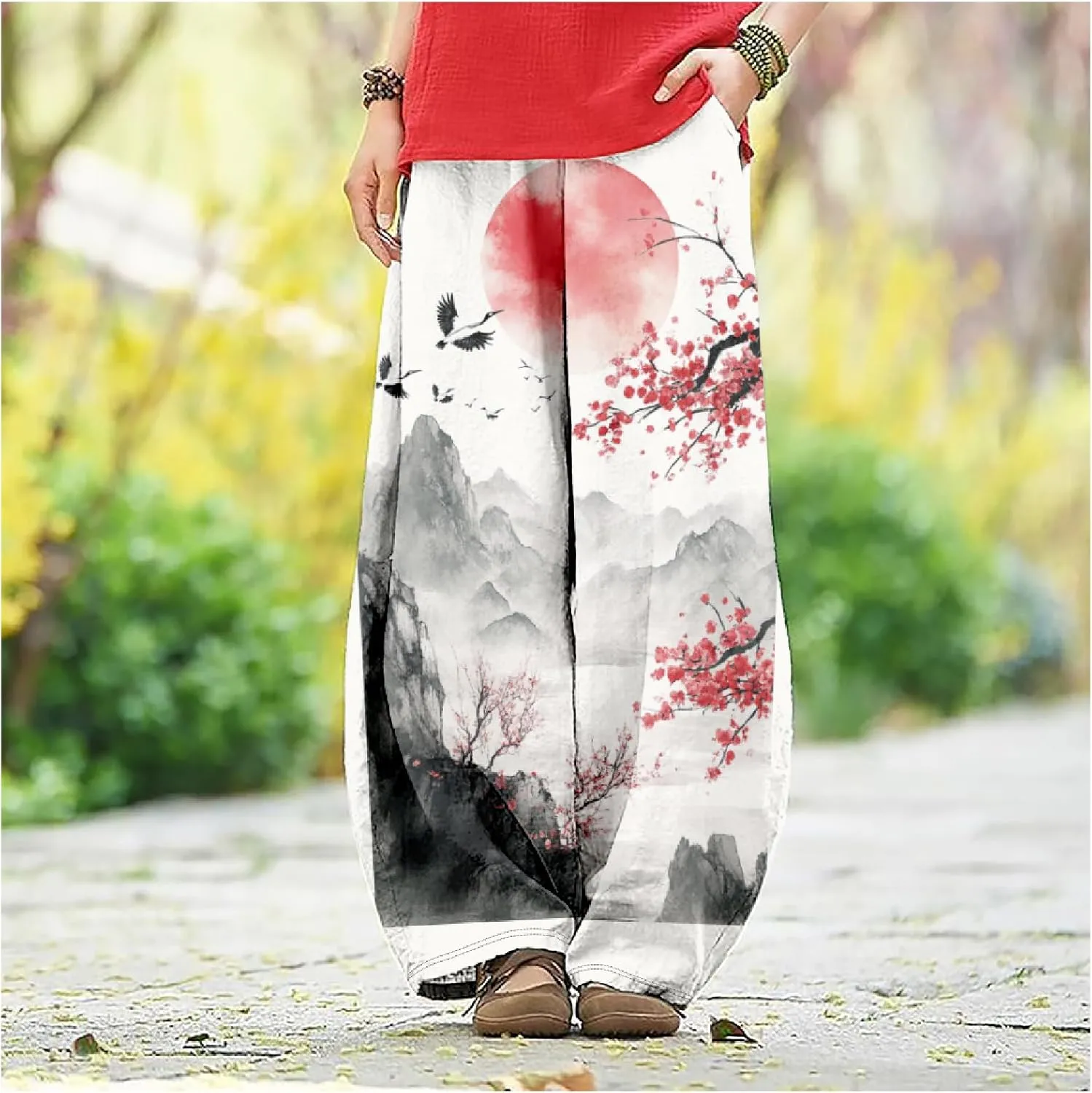 Japanese Ink Painting Pants Waist Elastic Wide Leg Sweatpants Ethnic Style Baggy Trouser Casual Boho Spring Fall Pant
