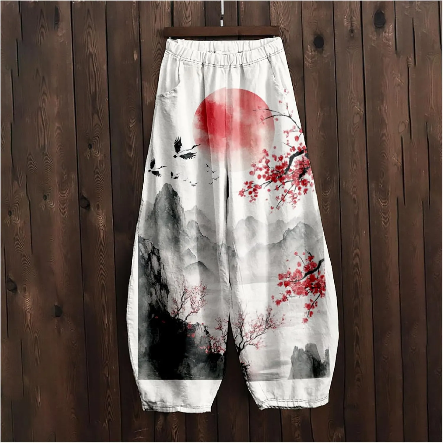 Japanese Ink Painting Pants Waist Elastic Wide Leg Sweatpants Ethnic Style Baggy Trouser Casual Boho Spring Fall Pant