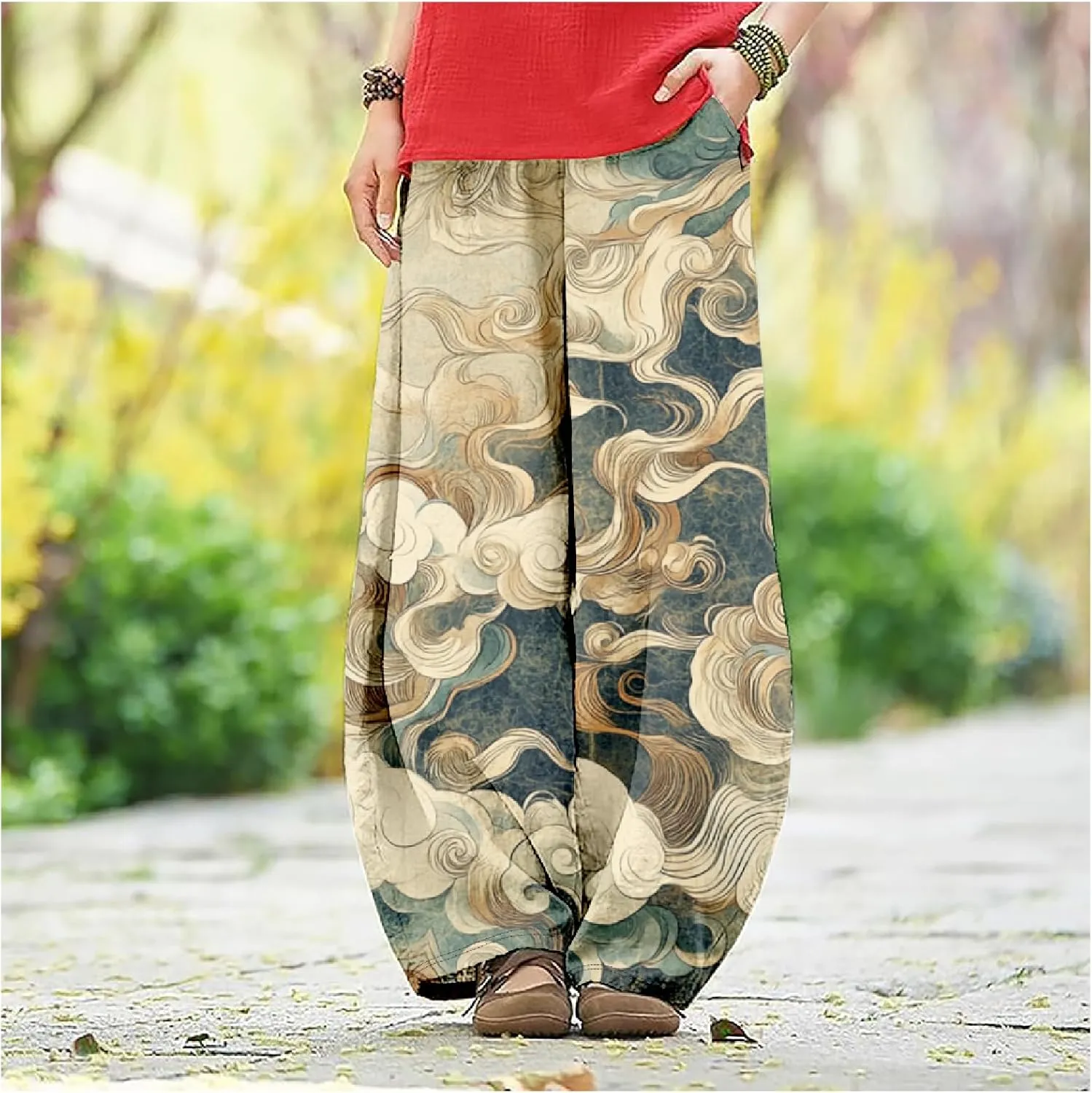 Japanese Ink Painting Pants Waist Elastic Wide Leg Sweatpants Ethnic Style Baggy Trouser Casual Boho Spring Fall Pant