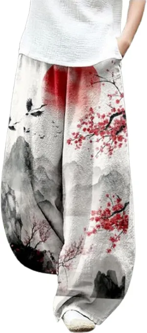 Japanese Ink Painting Pants Waist Elastic Wide Leg Sweatpants Ethnic Style Baggy Trouser Casual Boho Spring Fall Pant