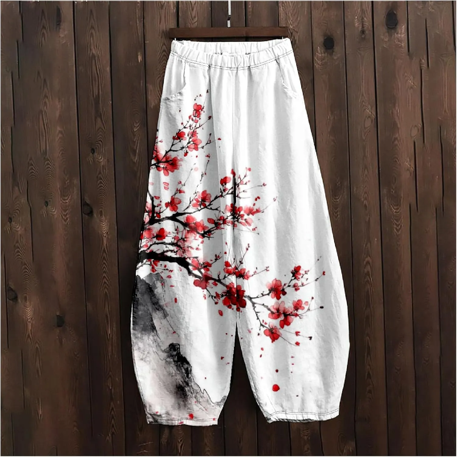 Japanese Ink Painting Pants Waist Elastic Wide Leg Sweatpants Ethnic Style Baggy Trouser Casual Boho Spring Fall Pant