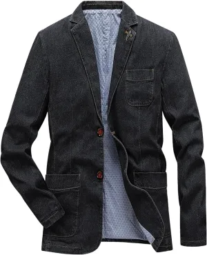 JEKE-DG Men's Blazer Collar Casual Denim Jacket Button Down Trucker Jean Jacket Classic Slim Fit Suit Jackets
