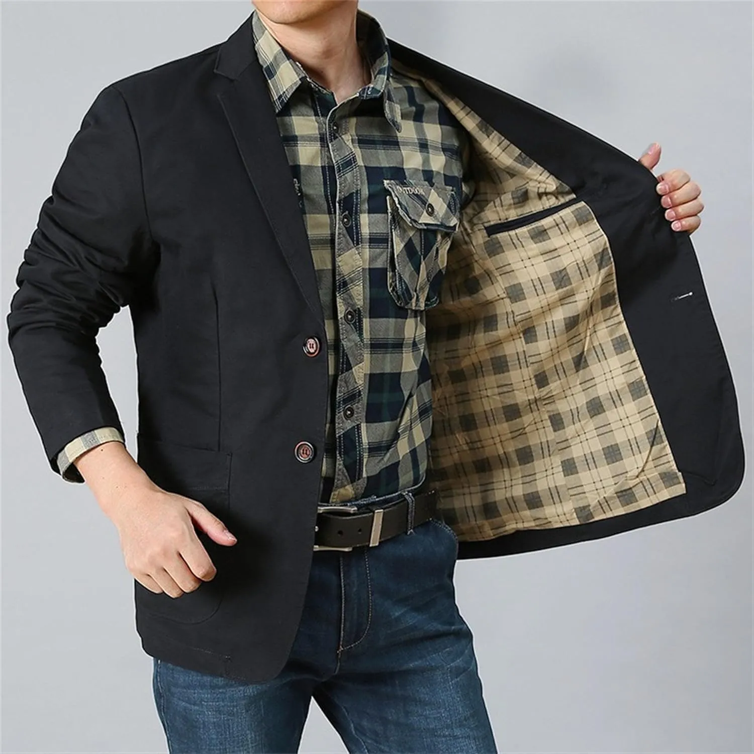 JEKE-DG Men's Blazer Collar Casual Denim Jacket Button Down Trucker Jean Jacket Classic Slim Fit Suit Jackets