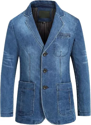 JEKE-DG Men's Blazer Collar Casual Denim Jacket Button Down Trucker Jean Jacket Classic Slim Fit Suit Jackets