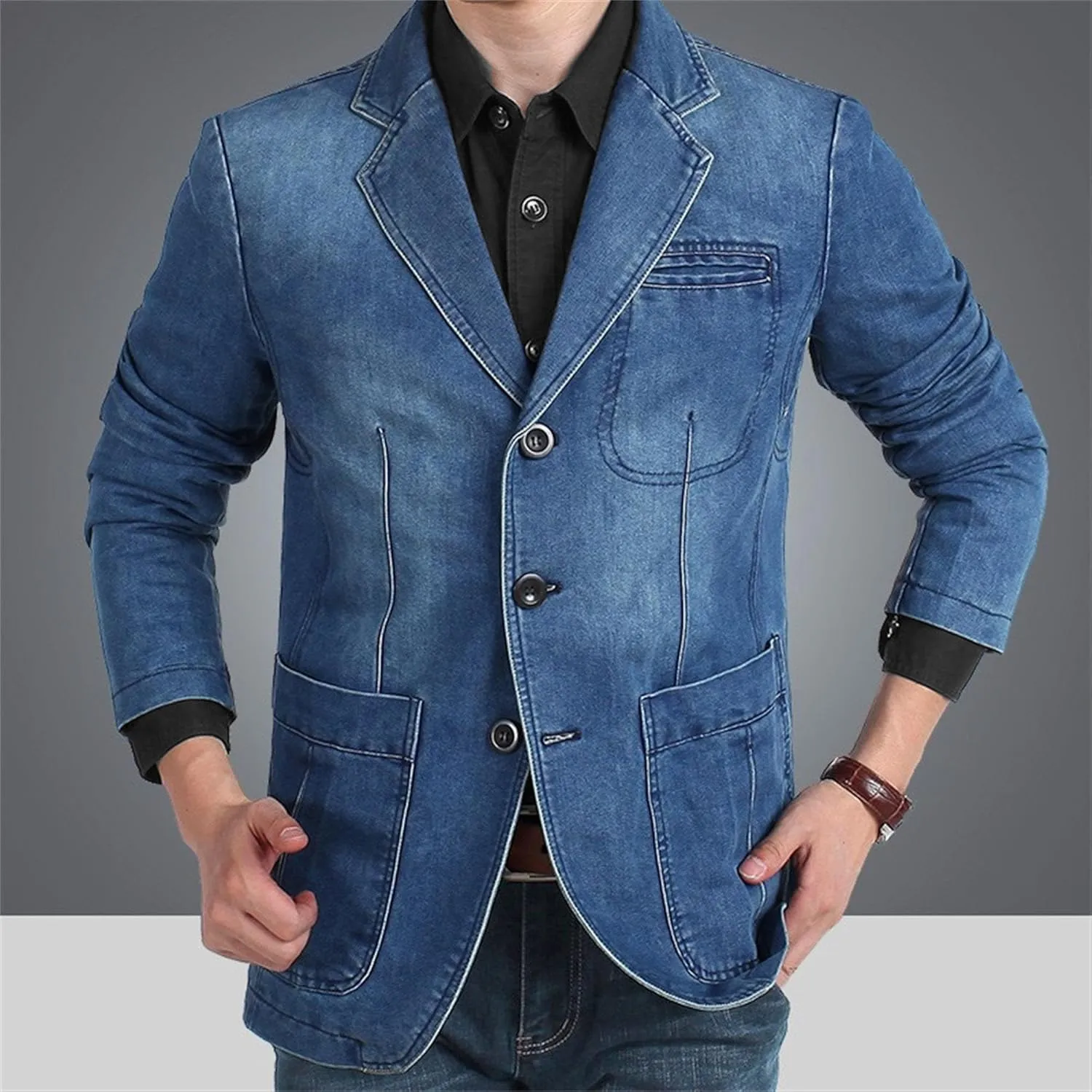 JEKE-DG Men's Blazer Collar Casual Denim Jacket Button Down Trucker Jean Jacket Classic Slim Fit Suit Jackets