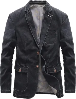JEKE-DG Men's Blazer Collar Casual Denim Jacket Button Down Trucker Jean Jacket Classic Slim Fit Suit Jackets