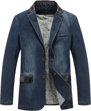 JEKE-DG Men's Blazer Collar Casual Denim Jacket Button Down Trucker Jean Jacket Classic Slim Fit Suit Jackets