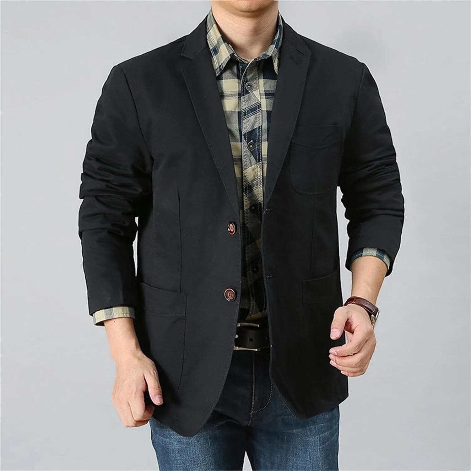 JEKE-DG Men's Blazer Collar Casual Denim Jacket Button Down Trucker Jean Jacket Classic Slim Fit Suit Jackets