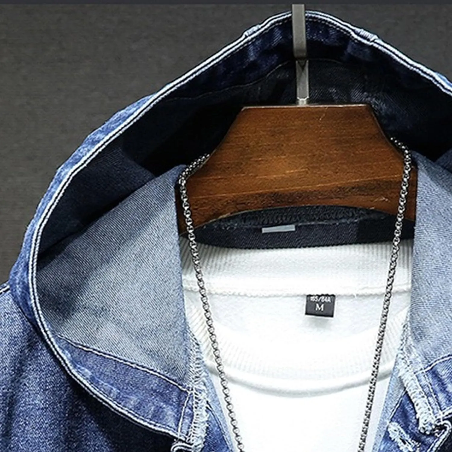 JEKE-DG Men's Distressed Denim Hoodie Jacket Casual Slim Fit Button Down Jeans Coat Long Sleeve Trucker Outwear