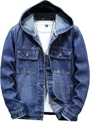 JEKE-DG Men's Distressed Denim Hoodie Jacket Casual Slim Fit Button Down Jeans Coat Long Sleeve Trucker Outwear