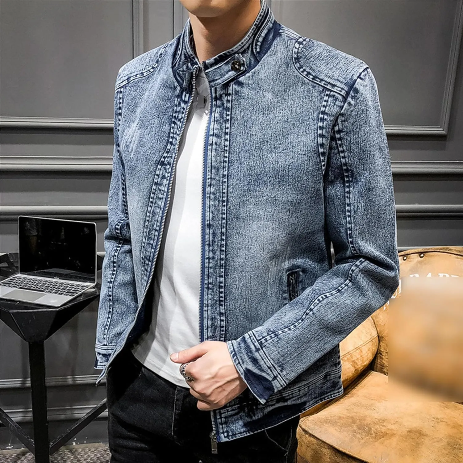 JEKE-DG Men's Slim Fit Classic Trucker Jean Jacket Vintage Full Zip Denim Jacket Casual Fashion Work Jacket Coat