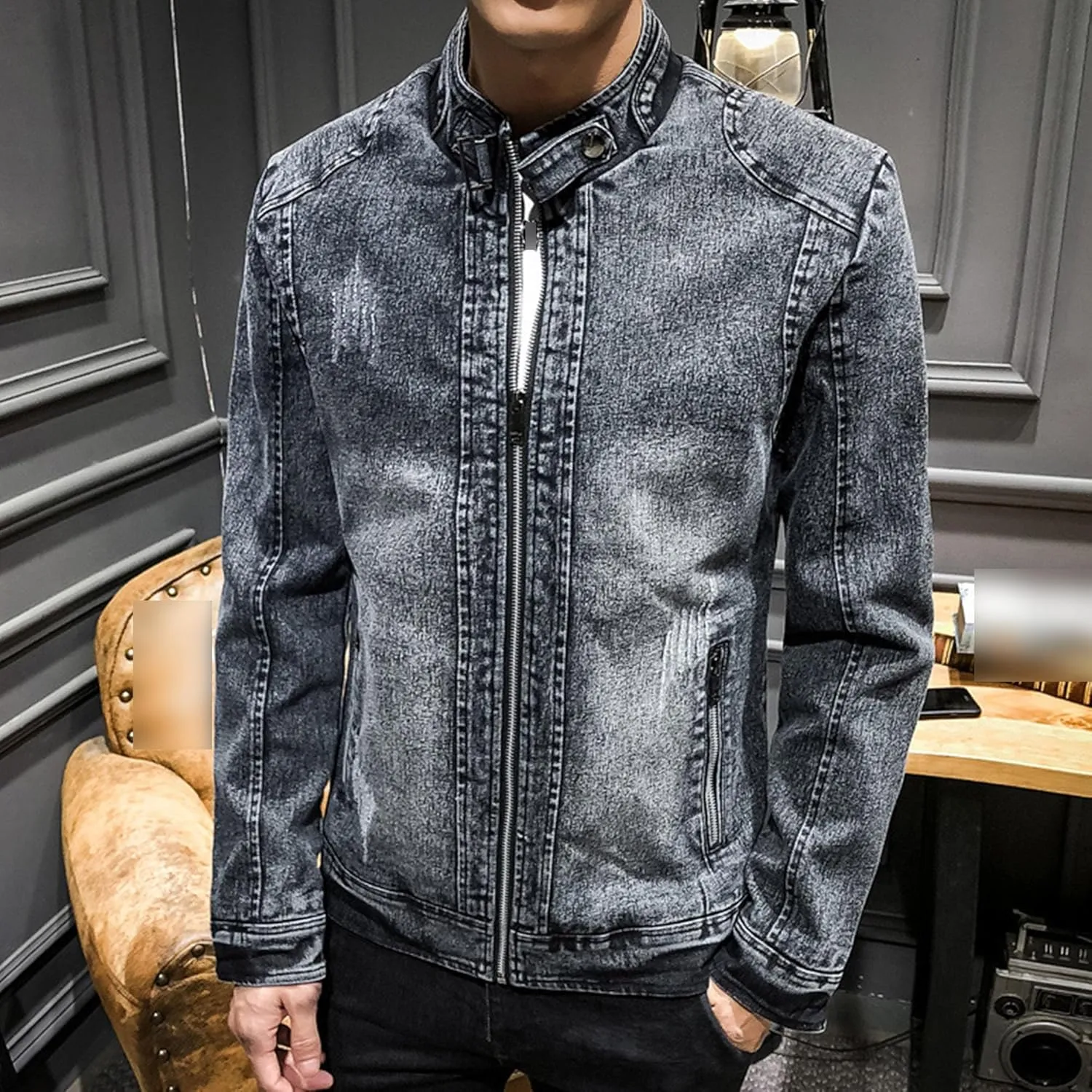 JEKE-DG Men's Slim Fit Classic Trucker Jean Jacket Vintage Full Zip Denim Jacket Casual Fashion Work Jacket Coat
