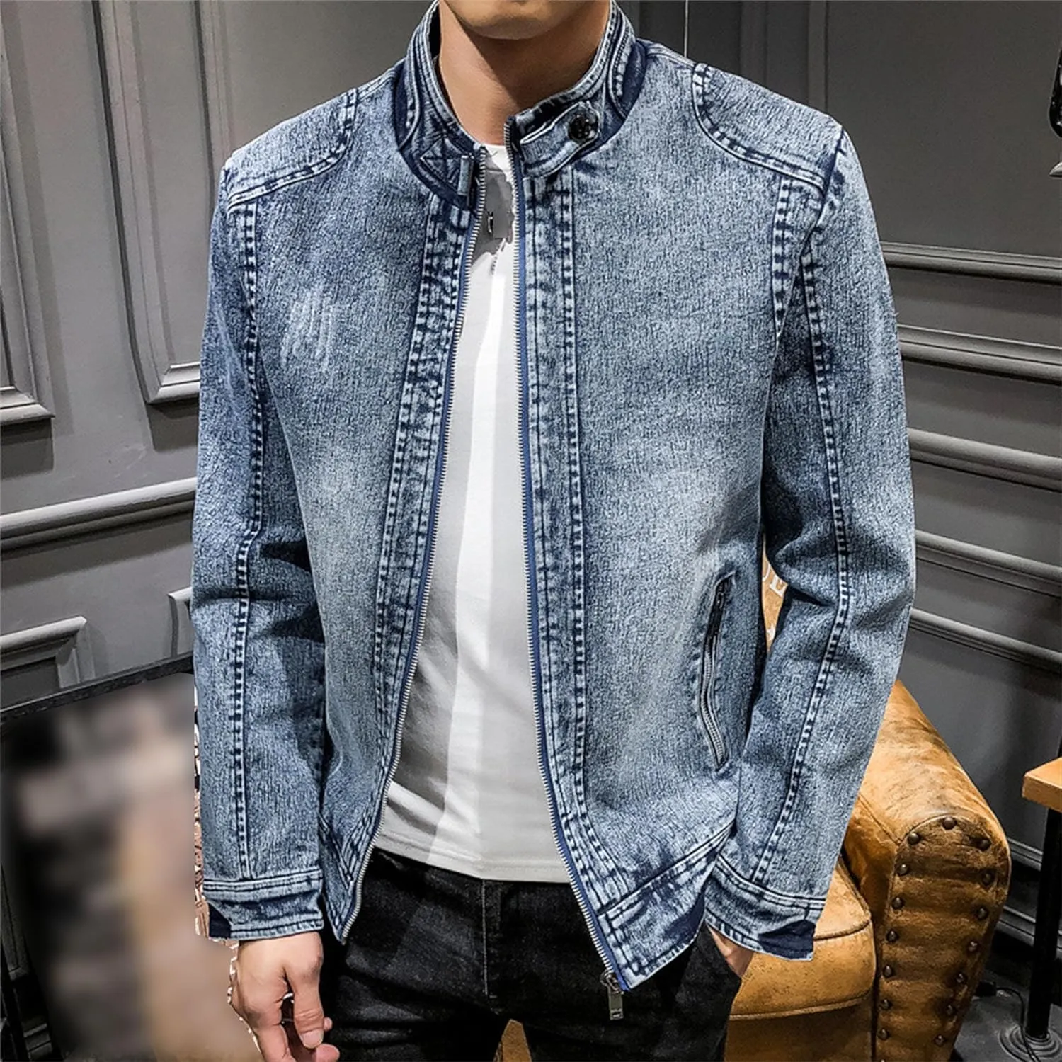 JEKE-DG Men's Slim Fit Classic Trucker Jean Jacket Vintage Full Zip Denim Jacket Casual Fashion Work Jacket Coat