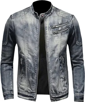 JEKE-DG Men's Stand Collar Vintage Casual Jean Jacket Slim Fit Lined Trucker Denim Jacket Full Zip Classic Biker Jackets
