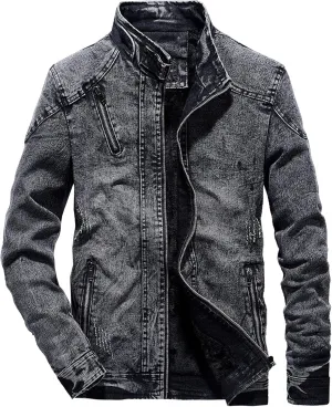 JEKE-DG Men's Stand Collar Vintage Casual Jean Jacket Slim Fit Lined Trucker Denim Jacket Full Zip Classic Biker Jackets