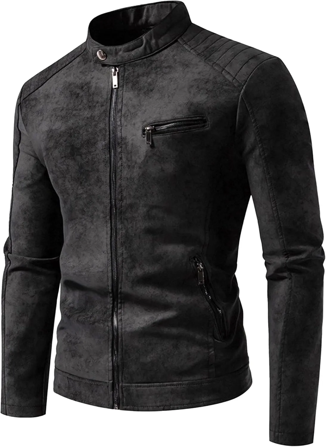 JEKE-DG Men's Stand Collar Vintage Casual Jean Jacket Slim Fit Lined Trucker Denim Jacket Full Zip Classic Biker Jackets