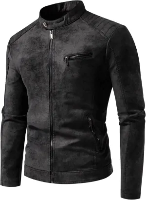 JEKE-DG Men's Stand Collar Vintage Casual Jean Jacket Slim Fit Lined Trucker Denim Jacket Full Zip Classic Biker Jackets