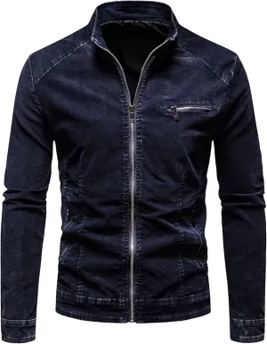 JEKE-DG Men's Stand Collar Vintage Casual Jean Jacket Slim Fit Lined Trucker Denim Jacket Full Zip Classic Biker Jackets