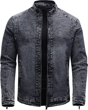 JEKE-DG Men's Stand Collar Vintage Casual Jean Jacket Slim Fit Lined Trucker Denim Jacket Full Zip Classic Biker Jackets