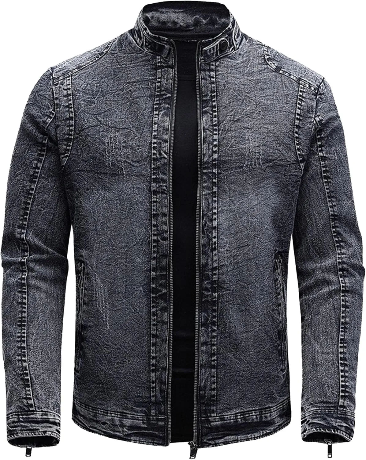 JEKE-DG Men's Stand Collar Vintage Casual Jean Jacket Slim Fit Lined Trucker Denim Jacket Full Zip Classic Biker Jackets