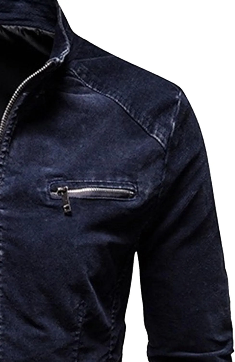 JEKE-DG Men's Stand Collar Vintage Casual Jean Jacket Slim Fit Lined Trucker Denim Jacket Full Zip Classic Biker Jackets