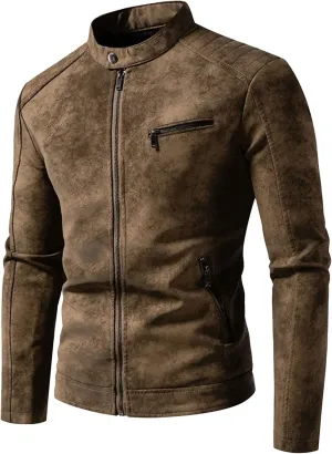 JEKE-DG Men's Stand Collar Vintage Casual Jean Jacket Slim Fit Lined Trucker Denim Jacket Full Zip Classic Biker Jackets