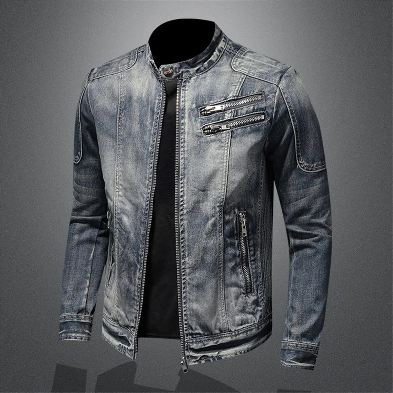 JEKE-DG Men's Stand Collar Vintage Casual Jean Jacket Slim Fit Lined Trucker Denim Jacket Full Zip Classic Biker Jackets
