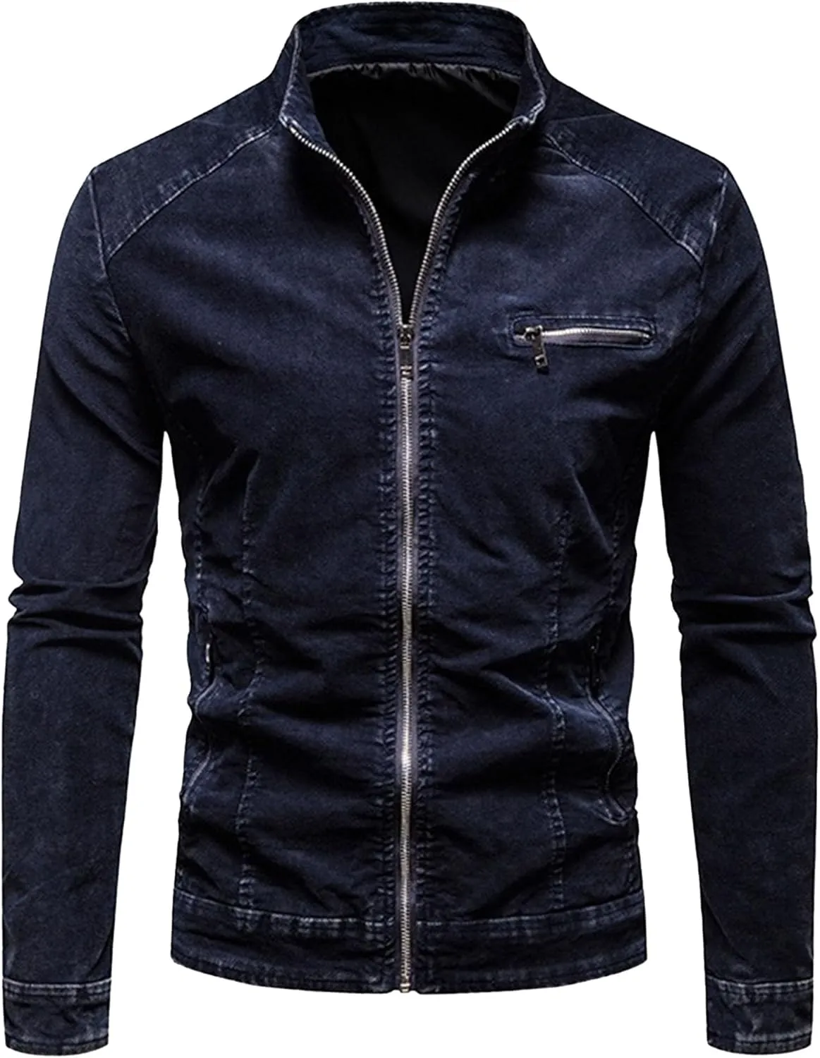 JEKE-DG Men's Stand Collar Vintage Casual Jean Jacket Slim Fit Lined Trucker Denim Jacket Full Zip Classic Biker Jackets