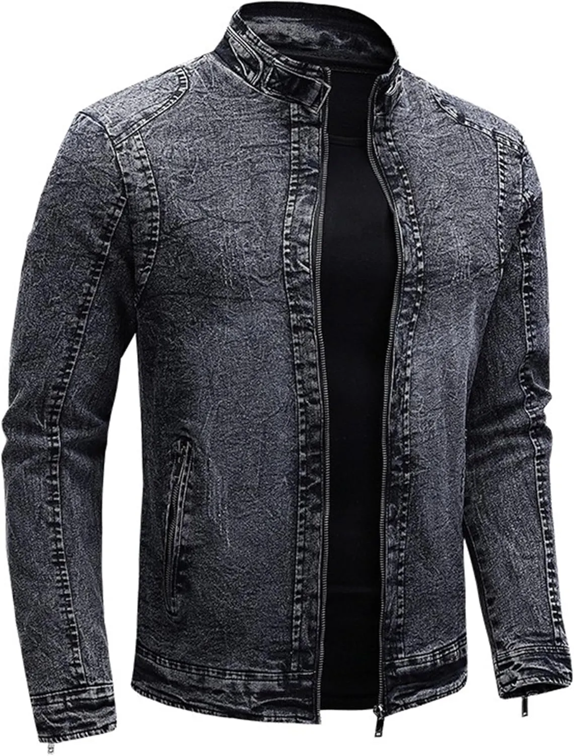 JEKE-DG Men's Stand Collar Vintage Casual Jean Jacket Slim Fit Lined Trucker Denim Jacket Full Zip Classic Biker Jackets