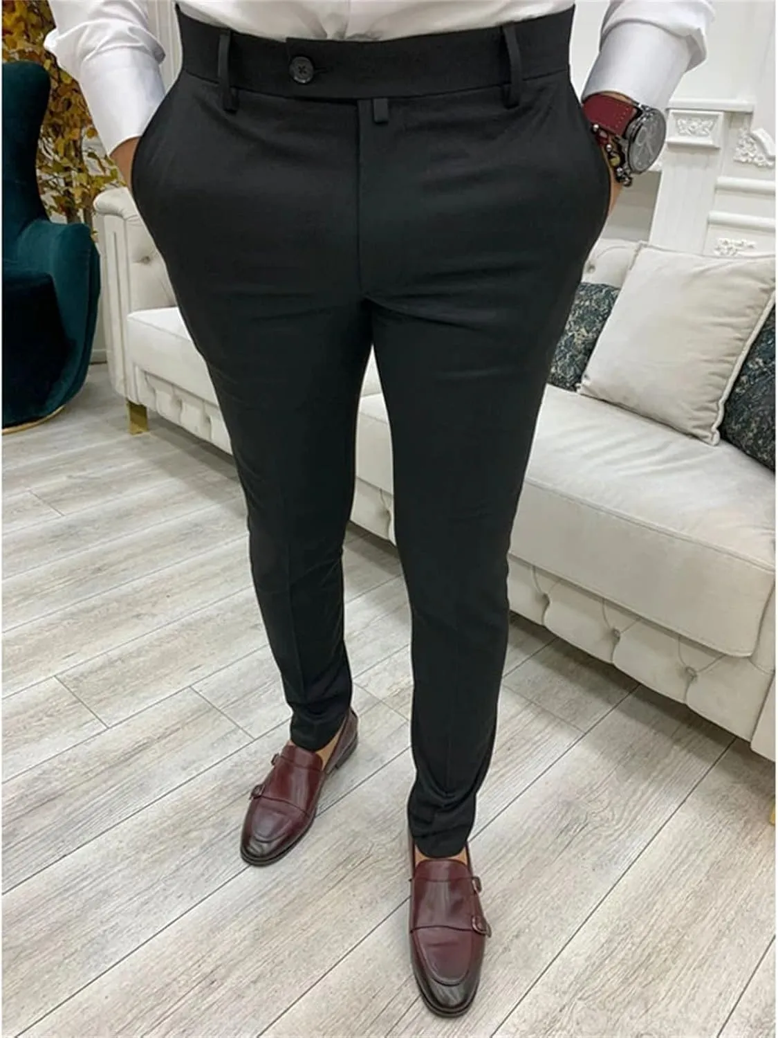 JEShifangjiusu Men's 4-Way Stretch Dress Pant Lounge Slim Fit Flat Front Straight Pant Comfort Chino Pants Business Trousers