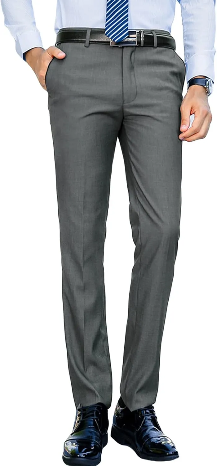 JEShifangjiusu Men's Slim-Fit Flat-Front Dress Pant Classic Business Chino Trousers Solid Color Skinny Comfort Wedding Pant (33,Grey), Grey, 33