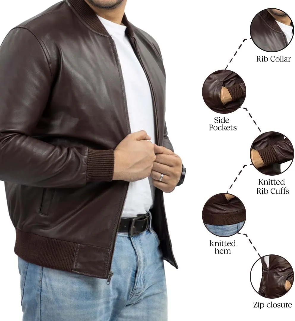Jild Varsity Style Leather Bomber Jacket Men - Genuine Lambskin Men's Casual Fashion Classic MA-1 Leather Jacket