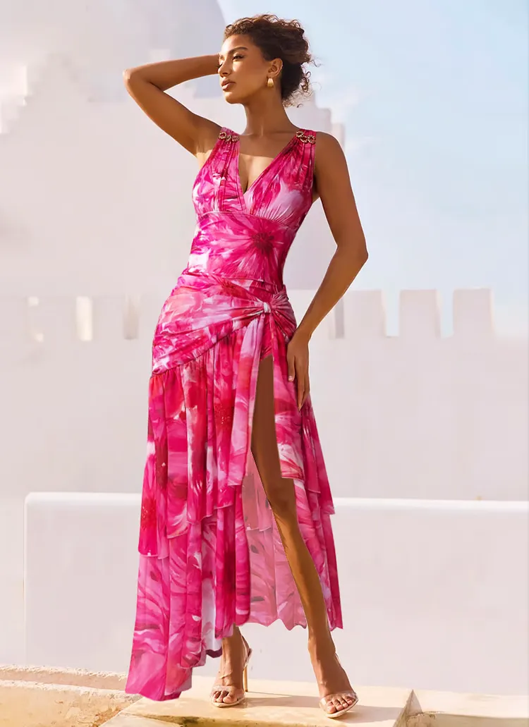 Joann - Floral Print Halter Neck One-Piece Swimsuit Set