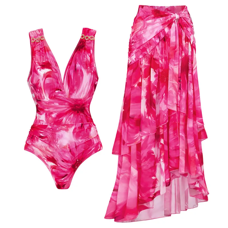 Joann - Floral Print Halter Neck One-Piece Swimsuit Set