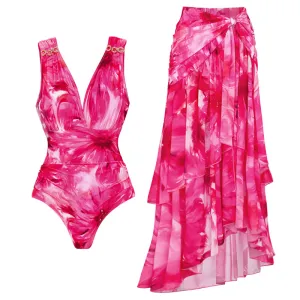 Joann - Floral Print Halter Neck One-Piece Swimsuit Set