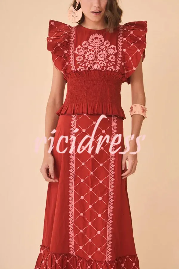 Kyoho Ethnic Unique Print Smocked Top and High Waist Midi Skirt Set
