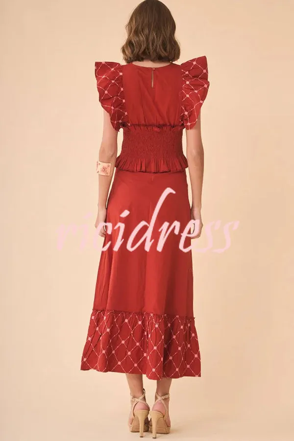 Kyoho Ethnic Unique Print Smocked Top and High Waist Midi Skirt Set