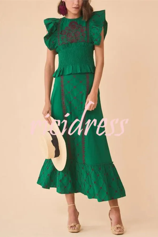 Kyoho Ethnic Unique Print Smocked Top and High Waist Midi Skirt Set