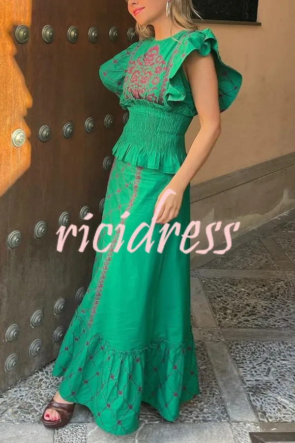 Kyoho Ethnic Unique Print Smocked Top and High Waist Midi Skirt Set