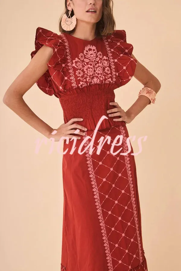Kyoho Ethnic Unique Print Smocked Top and High Waist Midi Skirt Set