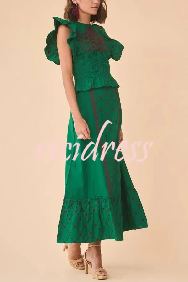Kyoho Ethnic Unique Print Smocked Top and High Waist Midi Skirt Set