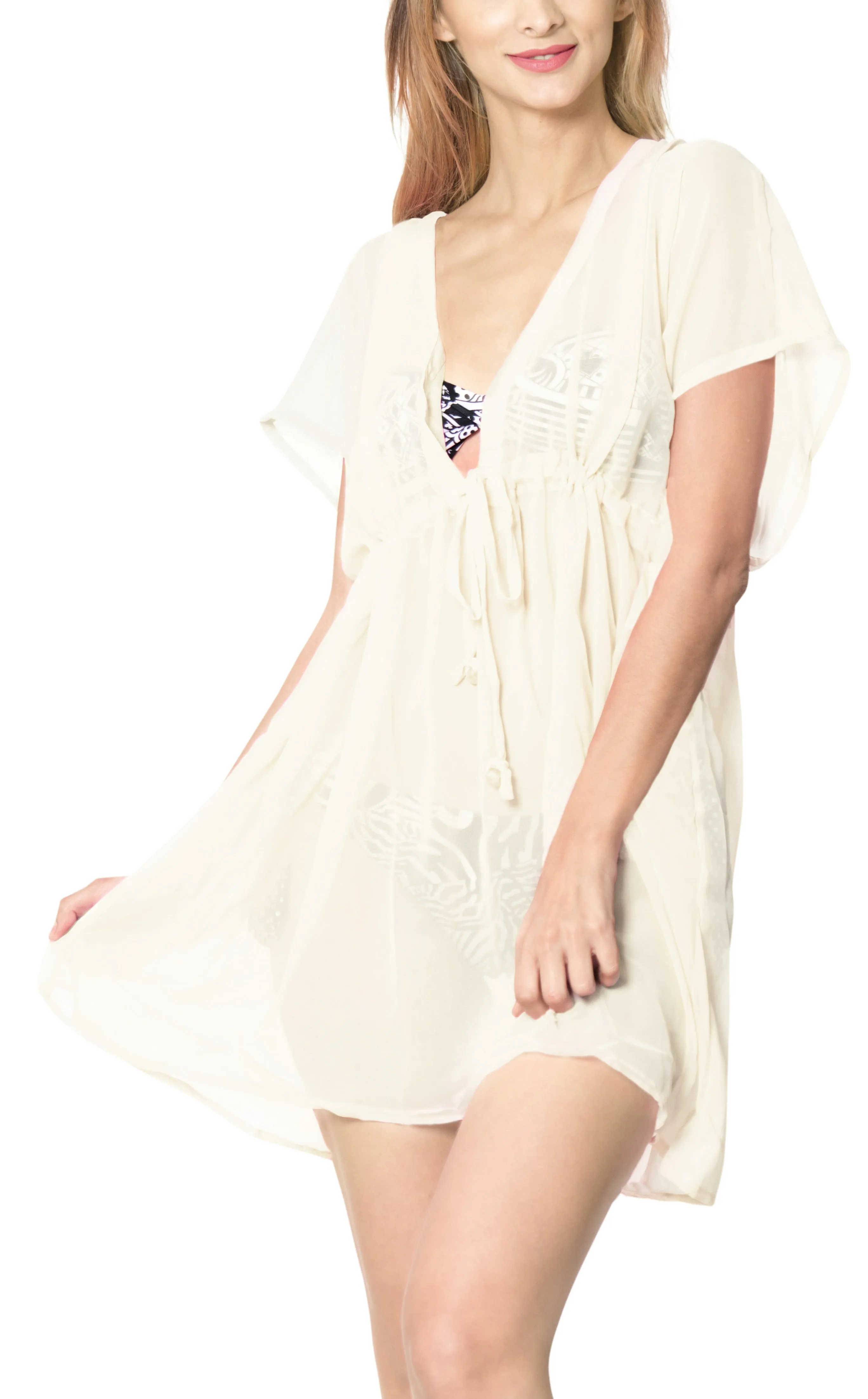 LA LEELA Bikni Swimwear Chiffon Solid Cover Ups Beachwear OSFM 14-24 [L-3X] Off White_6565