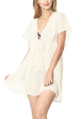 LA LEELA Bikni Swimwear Chiffon Solid Cover Ups Beachwear OSFM 14-24 [L-3X] Off White_6565