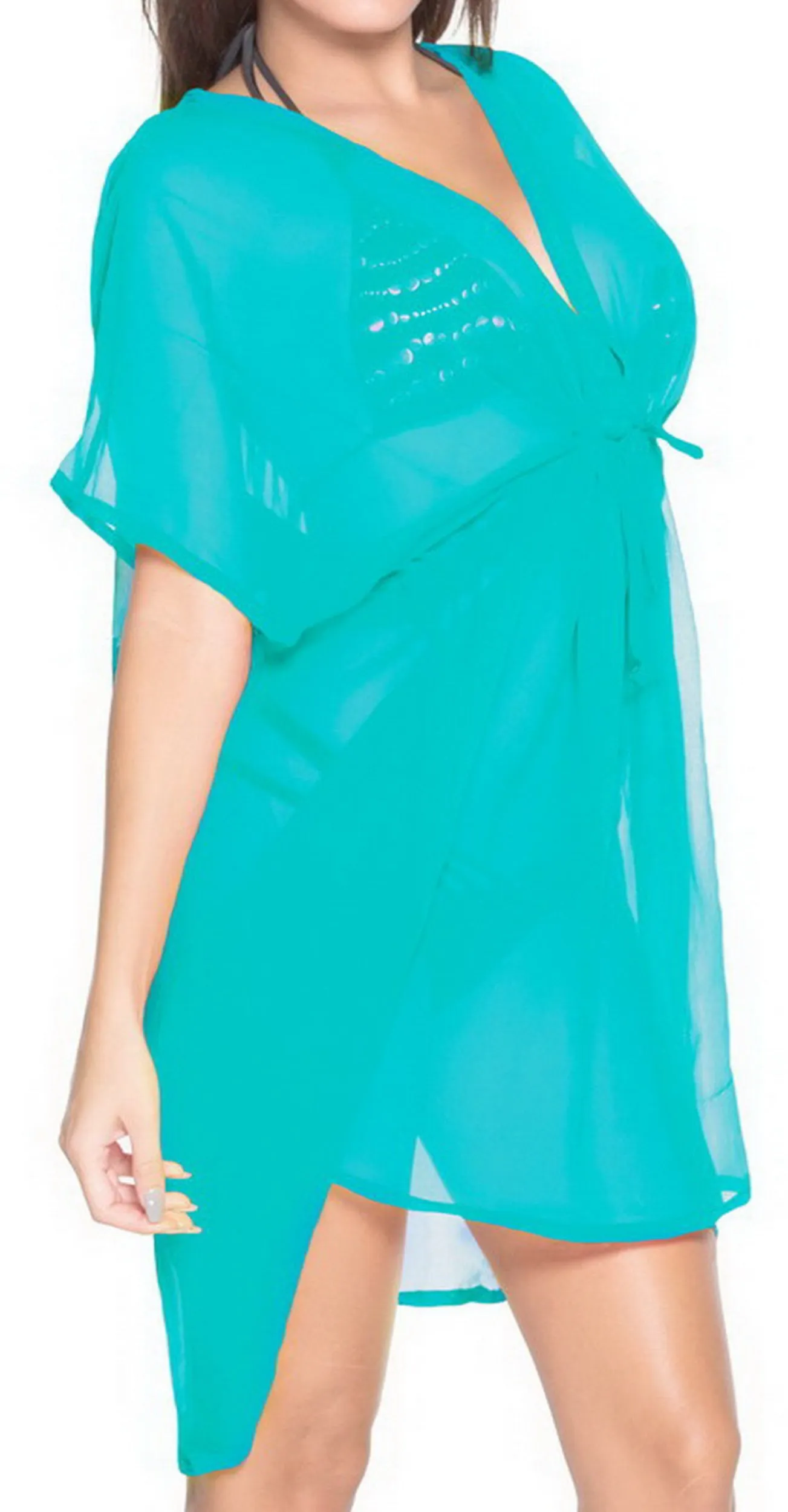 LA LEELA Bikni Swimwear Chiffon Solid Hawaiian Beach Cover Up OSFM 16-32 [W-5X] Sea Green_1329