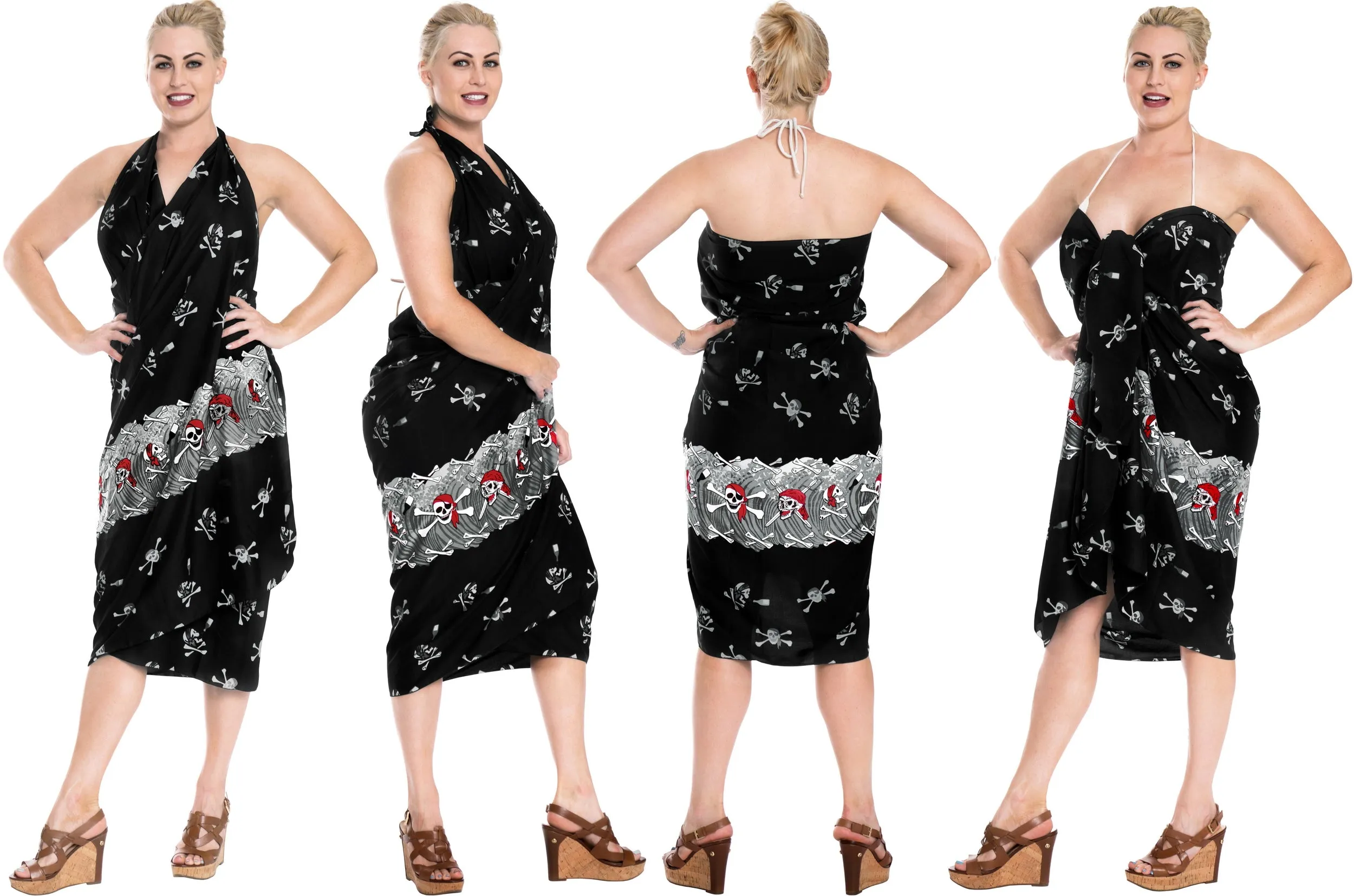 LA LEELA Women Pirate Skulls Skeleton Swimwear Pareo Sarong Bikini Coverups Tie One Size Pirate Black_E425