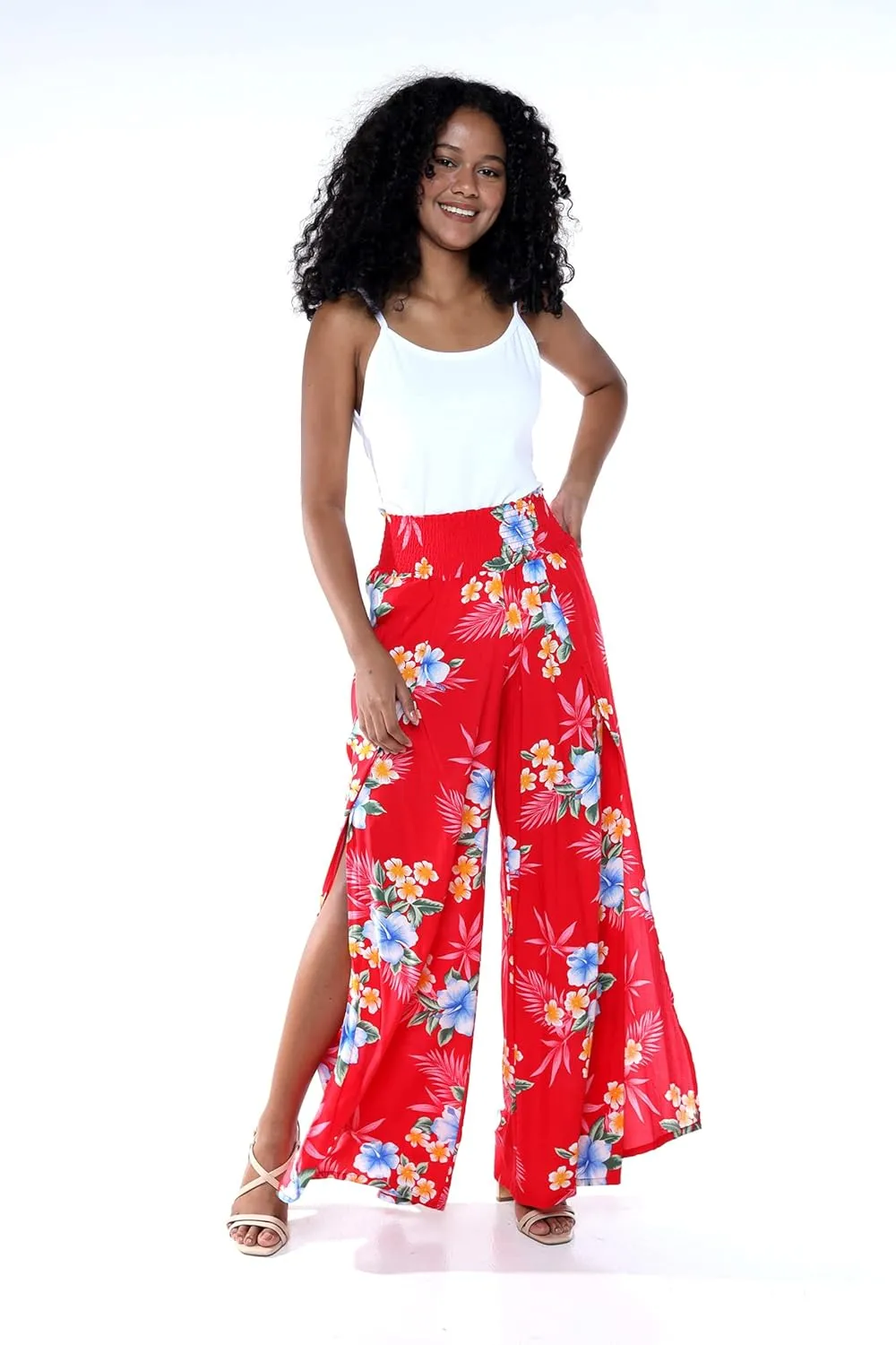 Lady High Slit Wide Leg Pants in Hibiscus